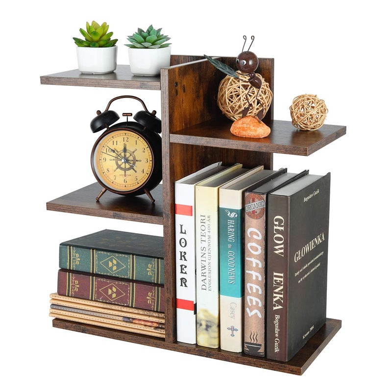 PAG Wood Desktop Shelf Small Bookshelf Desk Supplies Organizers and Accessories Storage Display Rack Office Decor for Women, Antique Brown - Image 1